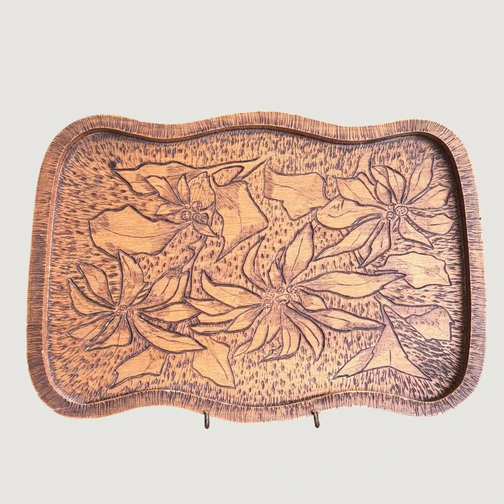 Hand Carved Wooden Poinsettia Floral Serving Tray Scalloped Edge Holiday Decor